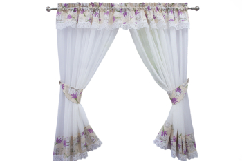 Perdea bucatarie bumbac alb cu imprimeu floral lavanda cu dantela alba rejansa 6 cm 300x160
