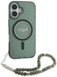 Husa pentru iPhone 16 - Guess IML Glitter with Pearl Strap MagSafe GUHMP16SHGCRELSA - Green 