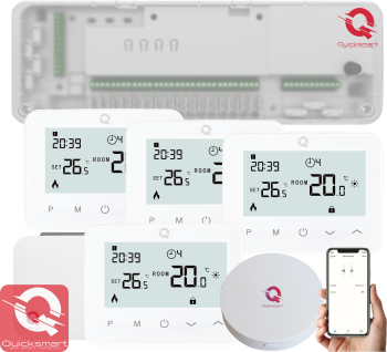 Kit automatizare smart Q20 Controller pentru incalzire in pardoseala 8 zone Full wireless 4 Termostate Smart Wireless e-Hub Alb 