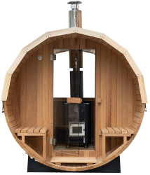 Sauna exterioara tip butoi pin termotratat 4-6 persoane cu soba pe lemne si perete de sticla SAUNA S06 