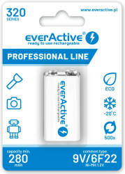 Acumulator reincarcabil EverActive Ni-MH 6F22 9V 320 mAh Professional Line Continutul pachetului 1x Blister 