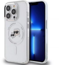 Husa pentru iPhone 15 Pro Max - Karl Lagerfeld IML MagSafe KLHMP15XHLSKCH - White Metal Karl&Choupette Heads 