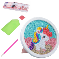Goblen mozaic cu diamante cu rama Zola rotund model unicorn 20 x 20 cm