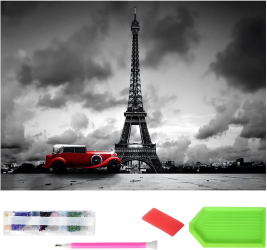 Goblen mozaic XXL cu diamante Zola peisaj Turnul Eiffel si masina de epoca rosie 120 x 60 cm 