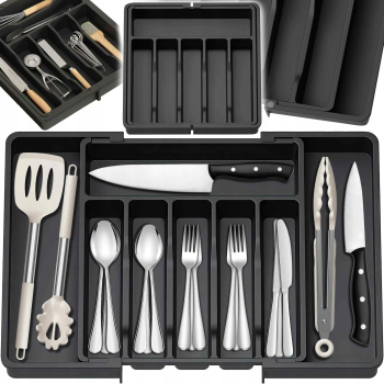 Organizator de tacamuri pentru sertar Zola extensibil 6-8 compartimente plastic dimensiuni 33 x 38 x 5 cm/ 57 x 38 x 5 cm negru 