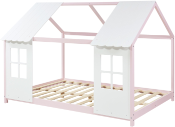 Pat Copii tip Casuta Montessori Semi Deschis cu Protectie Impotriva Caderilor Dimensiuni 200x120cm Lemn de Brad Roz/Alb 