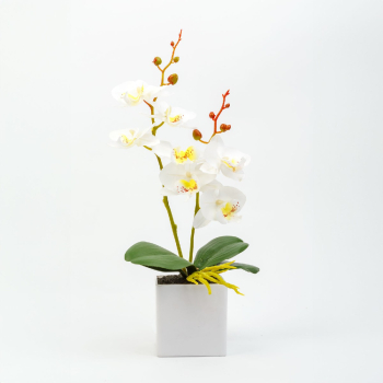 Planta Artificiala Decorativa Orhidee in Ghiveci cu Aspect Natural Culoare Galben Inaltime 37 cm 