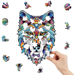 Puzzle din lemn Zola lup colorat piese in forma de animale 170 piese saculet si cutie depozitare marime 38 x 27 cm 