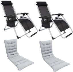 Set 2 Scaune cu Perne tip Sezlong Pliabil Deluxe Gravitatie Zero pentru Terasa Gradina sau Plaja cu Tetiera si Suport Bauturi Reglabil 