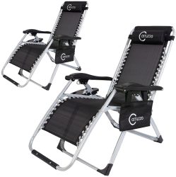 Set 2 Scaune tip Sezlong Pliabil Deluxe Gravitatie Zero pentru Terasa Gradina sau Plaja cu Tetiera si Suport Bauturi Reglabil Negru 