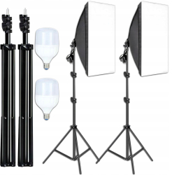 Set 2 softbox Zola lumina continua 5500 K 2 becuri 30W 50x70 cm trepied reglabil 95-200 cm filet 1/4 aluminiu ABS negru 