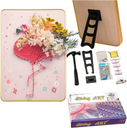 Set creativ de broderie pentru String Art Zola lumini LED placa de lemn perforata cu suport snururi colorate model flamingo cu flori 2 