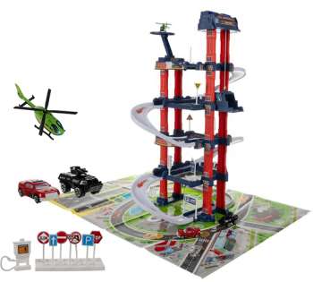Set de joaca garaj Zola cu 4 etaje 2 vehicule si 1 elicopter covoras semne de circulatie 38 x 40 x 67 cm 