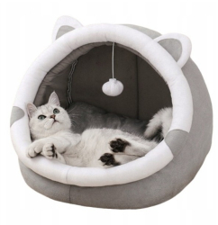 Culcus moale si pufos pentru caini si pisici Zola cu jucarie model urechiuse bumbac PP 31 x 27 x 27cm gri 