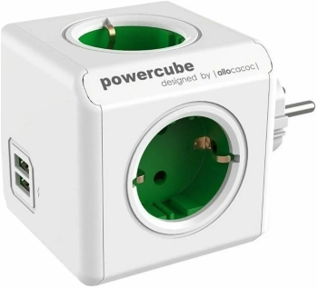 Prelungitor cubic Powercube by Allocacoc 2xUSB 4 prize alb/verde
