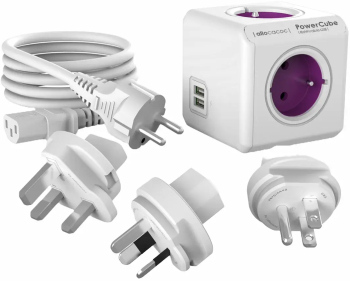 Prelungitor cubic Powercube by Allocacoc 3 adaptoare 2xUSB 4 prize cablu IEC 1m alb/mov 