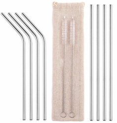 Set paie metalice pentru bauturi 8 paie si 2 periute argintiu 