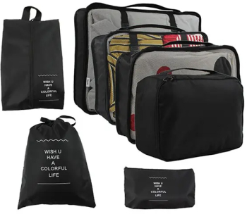 Set 7 organizatoare pentru bagaj de voiaj Zola cu fermoar marimi diferite impermeabil negru 