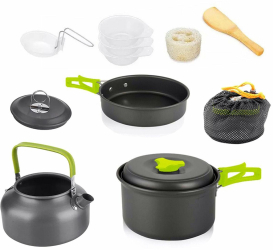 Set complet camping pentru gatit Zola 11 piese din aluminiu si plastic husa depozitare negru 