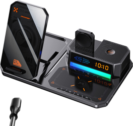 Suport wireless incarcare cu ceas digital si boxa Bluetooth 6 in 1 30W QC3.0 tip C incarcare rapida pentru telefon ceas si casti negru 