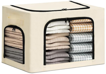 Cutie de Depozitare Flippy cu 3 Ferestre cu Fermoar Bidirectional Cadru din Otel Impermeabil 38L 42 x 30 x 30 cm Bej 