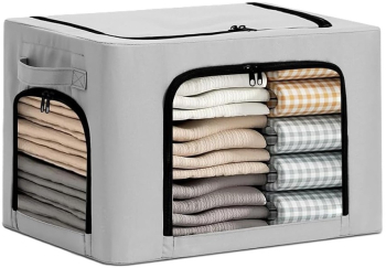 Cutie de Depozitare Flippy cu 3 Ferestre cu Fermoar Bidirectional Cadru din Otel Impermeabil 38L 42 x 30 x 30 cm Gri 