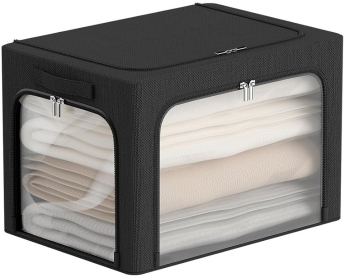 Cutie de Depozitare Flippy cu 3 Ferestre cu Fermoar Bidirectional Cadru din Otel Impermeabil 38L 42 x 30 x 30 cm Negru 