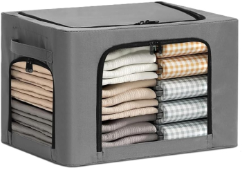 Cutie de Depozitare Flippy cu 3 Ferestre cu Fermoar Bidirectional Cadru din Otel Impermeabil 38L 42 x 30 x 30 cm Gri Inchis 