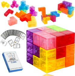 Cub magnetic Magic 3D set Blocuri de constructie STEM cu 7 blocuri magnetice/ forme multiple cu 54 carti de ghidare dezvoltarea intelige 