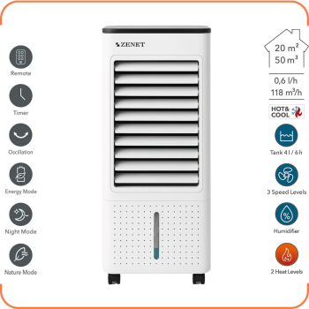 Ventilator cu racitor si purificator de aer mobil ZENET ZET-480.1 Mini aparat de aer conditionat portabil 4 in 1 cu functie de incalzire