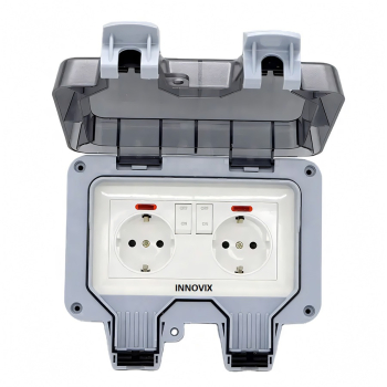 Priza dubla exterior Model Standard European 250V/16A IP66 rezistenta la apa si praf gri cu intrerupatoare individuale 