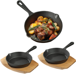 Set 2 tigai mici din fonta Navaris cu baza din lemn 15.3 cm pentru gatit NAV000017YR004C 