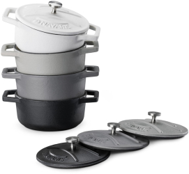 Set 4 Mini Oale din fonta Navaris 10.5 cm 290 ml pentru cuptor si plita negru/alb 49079.04.03 