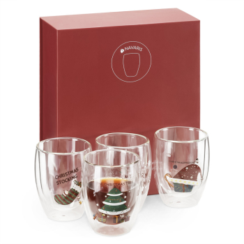 Set 4 pahare vin Navaris cu perete dublu 350 ml design Craciun sticla borosilicata 60991.01