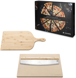 Set piatra de pizza Navaris 30x38 cm cu palet de bambus si cutit pana la 800° C 53326.01 