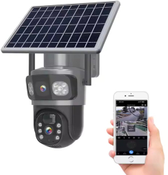Camera de supraveghere Juls and Sim® 4G Cartela SIM 4K UHD Video Dubla si trei ecrane 4MP x 2 8MP 10x zoom Panou solar 7 5W bate 