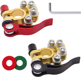Set 2 borne auto cu 4 terminale si cleme Zola pozitiv si negativ compatibile 6V/12V curent maxim 800A 6.5 x 5.5 cm rosu/negru 