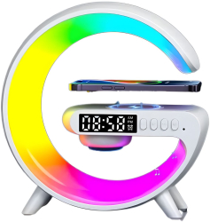 Incarcator wireless multifunctional 15 W Cu bluetooth Ceas cu alarma Difuzor Lampa cu lumina RGB Suport pentru card de memorie Alb 