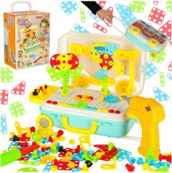 Set de construit 258 piese cu blocuri surubelnita suruburi colorate si cutie de depozitare in forma de troler cu roti 
