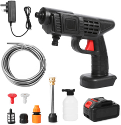 Pistol de stropit portabil 200W distanta pulverizare 10m set cu 1 baterie furtun de apa container pentru spuma