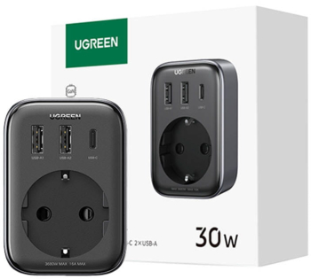 Adaptor priza UGREEN 220V AC 3680W Quick Charger 2x USB-A 1x USB-C 30W Negru 
