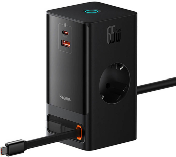Incarcator retea Baseus PowerCombo Digital PowerStrip 2 prize AC 1x USB-C 1x USB-A cablu retractabil USB-C 65W lungime cablu 1.5m Neg