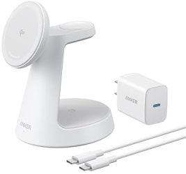 Incarcator wireless magnetic Anker MagGo 3-in-1 MagSafe Qi2 15W incarcator si cablu inclus Alb 