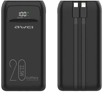 Set PowerBank si cabluri PD/Lightning AWEI 20000 mAh 22.5W Negru