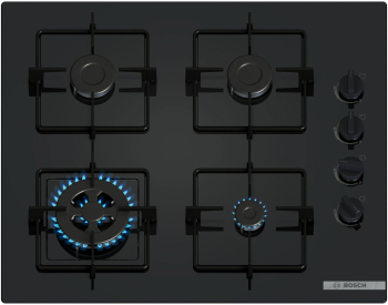 Plita incorporabila Bosch POH6B6K30, Gaz, 4 arzatoare, Arzător Wok, Grătar oțel, 60 cm, Sticlă neagră