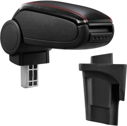 Cotiera Auto pentru Seat Leon cu Compartiment pentru Depozitare Reglabila Imitatie Piele Negru cu Cusatura Rosie 