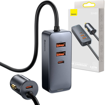 Incarcator auto Baseus cu impartasire si cablu extensibil 2x USB 2x USB-C 120W gri . 