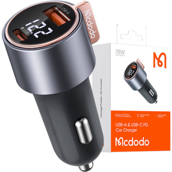 Incarcator auto digital cu display LCD pentru USB-A si USB-C. 