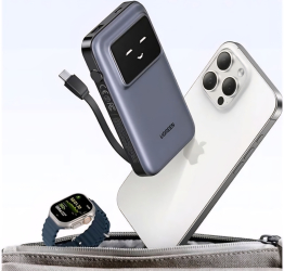 Acumulator extern UGREEN PB511 capacitate 10.000mAh putere incarcare wireless 30W incarcare bidirectionala cablu tip USB-C incorporat