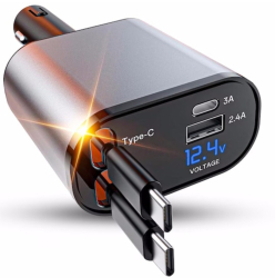 Incarcator auto multiplu 4 in 1 THD incarcare rapida putere maxima 66W afisaj digital design cu doua cabluri retractabile UCB Type C si 